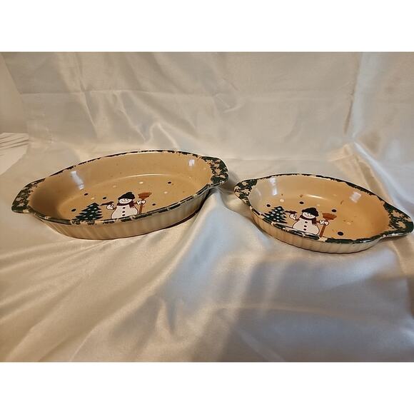 Country Snowman Stoneware Oval Casserole Dish Set Of 2 6” & 10” No Box - Picture 10 of 12